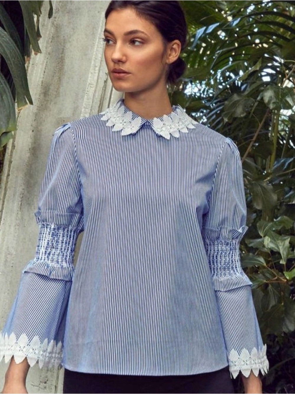 Ted Baker Blue and White Pinstripe Lace-Collar Blouse, Medium